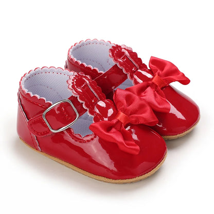 Newborn Baby Shoes Baby Girl Shoes Girl Classic Red Bowknot Rubber Sole Anti-slip PU Dress Shoes First Walker Toddler Crib Shoes