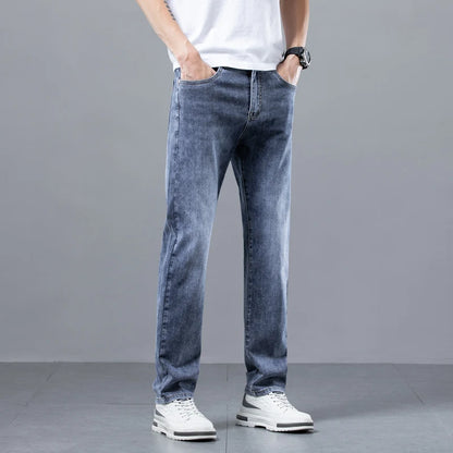 Spring Summer New Business Jeans Blue and Gray for Men Stretch Straight Comfortable Casual Denim Long Pants Classic Style Male