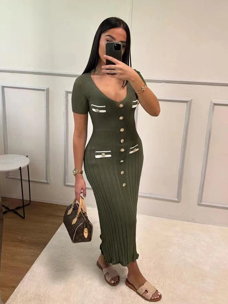 Elegant Knitted Long Single Breasted Bodycon Dress