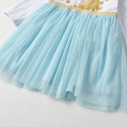 Kids Licorne Cartoon Print Dress Girls Flare Sleeve Autumn Spring Winter Vestidos Girls Princess Mesh Tulle Party Dress