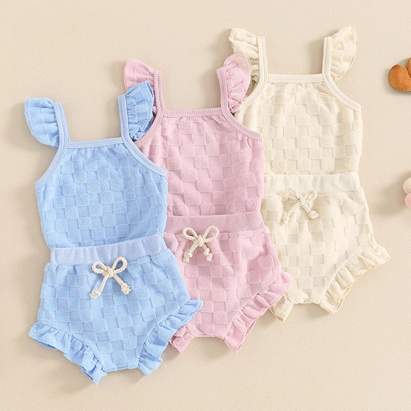 Baby Clothing Girl Summer Clothes Infant Solid Color Plaid Romper with Elastic Waist Shorts Nebworn Set