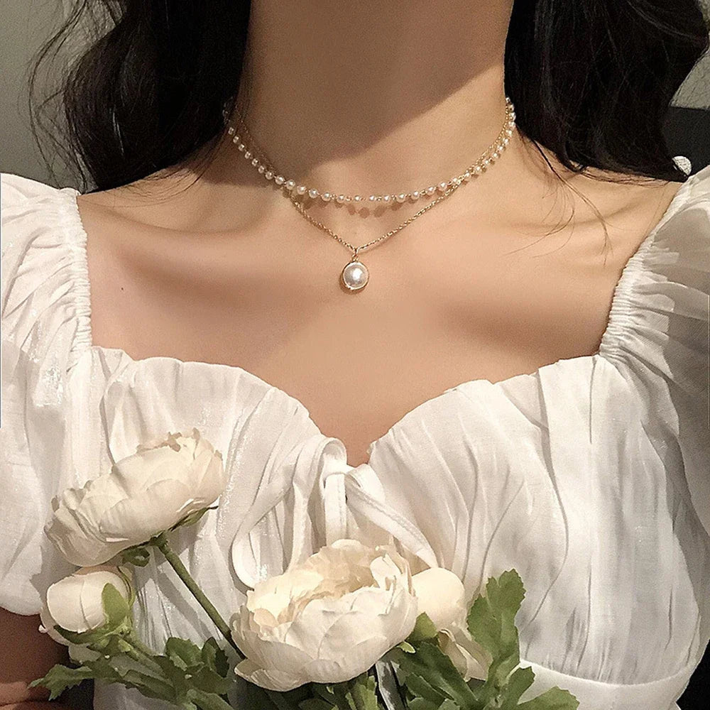 New Fashion Kpop Pearl Choker Necklace Double Layer Chain Pendant