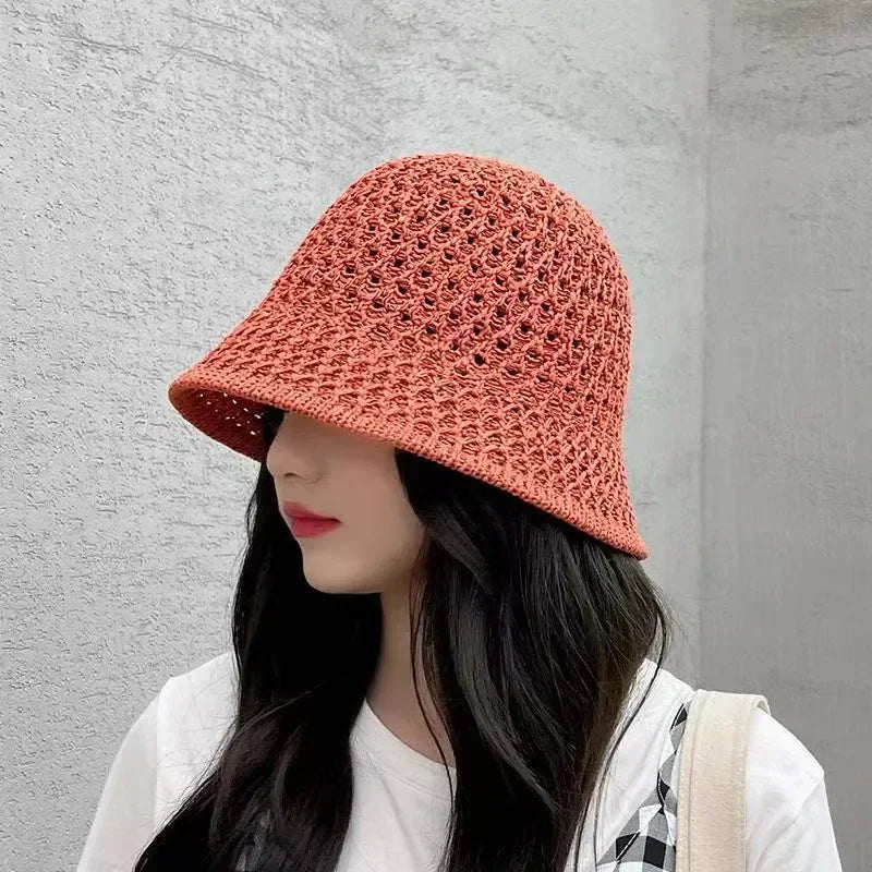 Handmade Crochet Floppy Summer Hats Collapsible Dome Bucket Hat Hollow Out Solid Color Beach Caps Simplicity Soft Women Hat