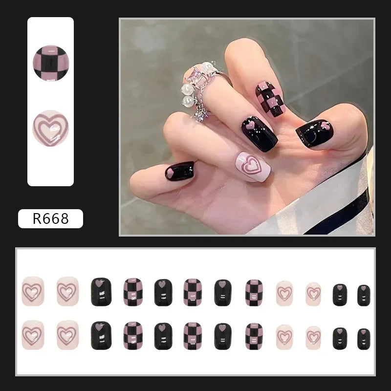 Vintage Camellia Wearable Pink Press on Fake Nails Tips with Glue False Nails Design Butterfly Lovely Girl False Nails