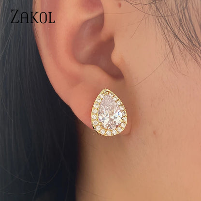 ZAKOL Classic Water Drop Cubic Zircon Stud Earrings for Women Fashion Teardrop Crystal Bridal Wedding Party Jewelry Aretes