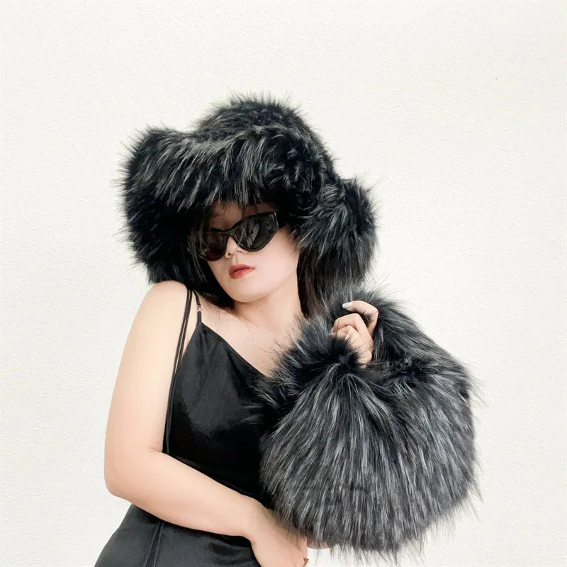 Fur bucket hat and bag set Women's warm plush autumn and winter hat Punk style imitation raccoon fur basin hat and handbag