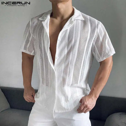 INCERUN Men's Shirt Mesh Transparent Lapel Short Sleeve Summer Camisas Streetwear 2024 Hollow Out Fashion Casual Shirts S-5XL