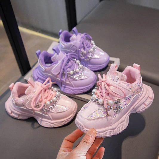 Kids Sneakers 2025 Girls Spring Fashion Shiny with Pearl Running Sport Shoes Children Non-slip Trainers Student Casual Sneakers