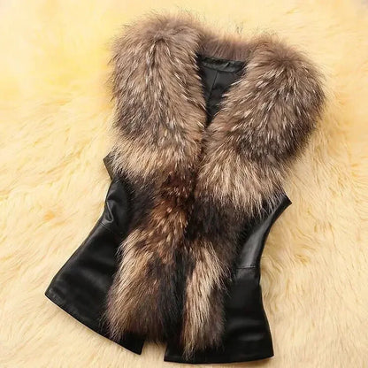 Women Leather Jacket Fur Collar Stitching Simulation Leather