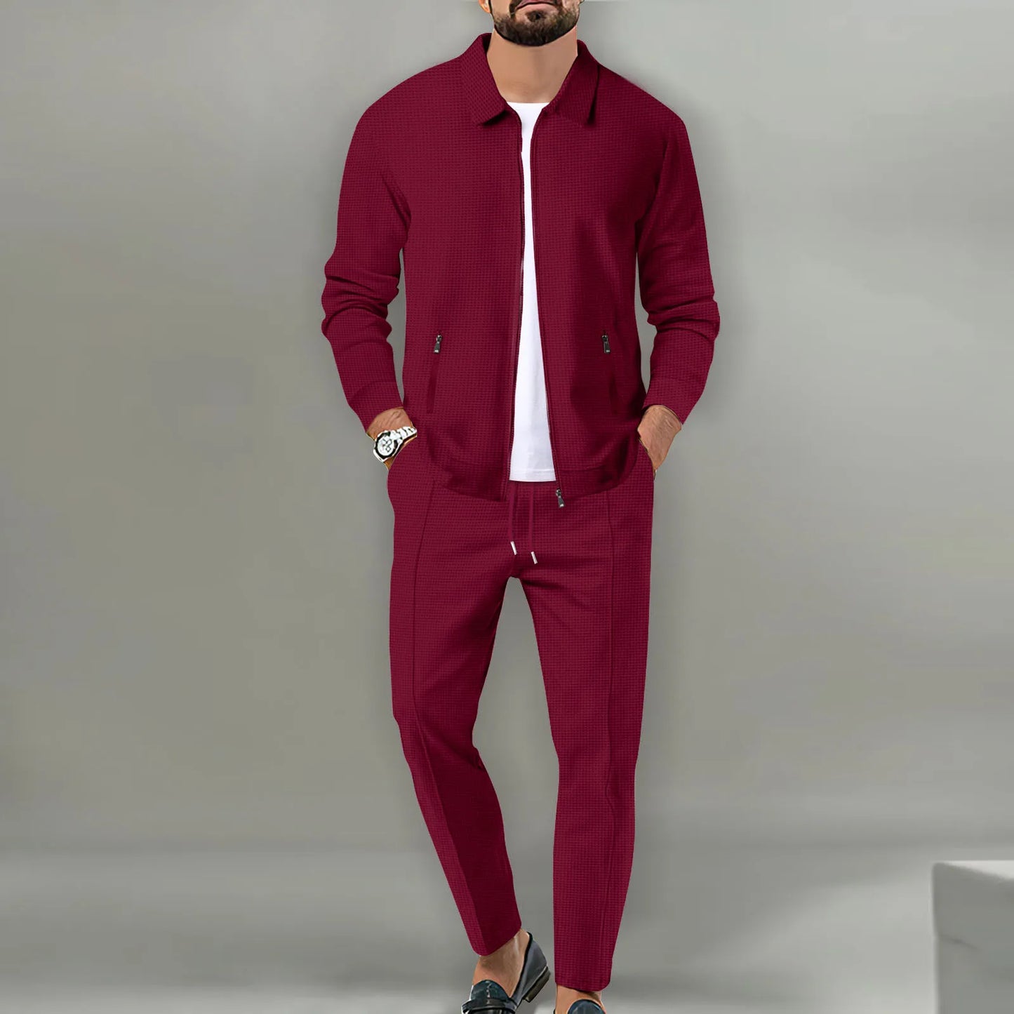 Spring And Fall's Best-Selling Men's Waffle Suit,Solid Color, Jacket And Pants, Seven Solors, S-3XL, Street-Style Men's Wear