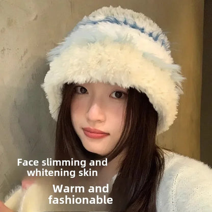 Japan Fashion Plush Fisherman Hat Women's Autumn and Winter Make Your Face Look Smaller  Rabbit Fur Knitted Hat Big H...