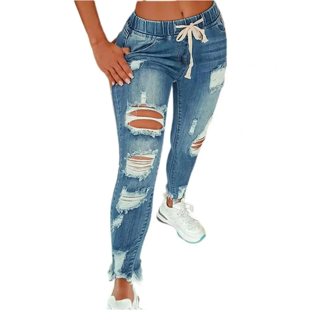 Stretchy Ripped Hole Jeans Women 2025 Straight Denim Trousers Female High Waist