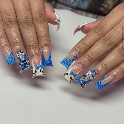 Y2K duck Press on Nails 24pcs Cute Hellokitty Design Fake Nail Blue Rhinestone Decor Acrylic French Nail Tips Party Gift