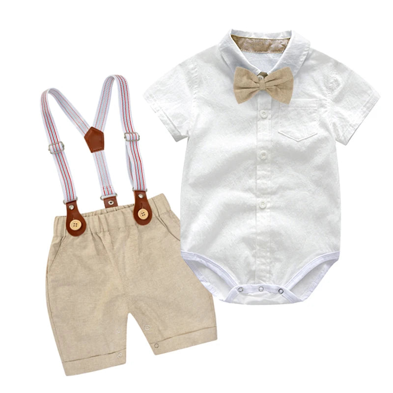 Baby Boy Clothes Summer Gentleman Birthday Suits Newborn Party Dress Soft Cotton Solid Rmper + Belt Pants Infant Toddler Set