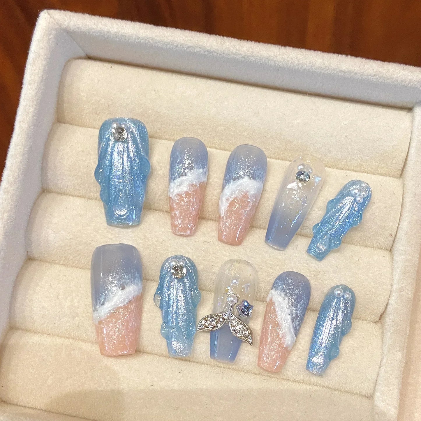 10Pcs Ballet Blue Fake Nails with 3D Ocean Moon Rhinestone Design False