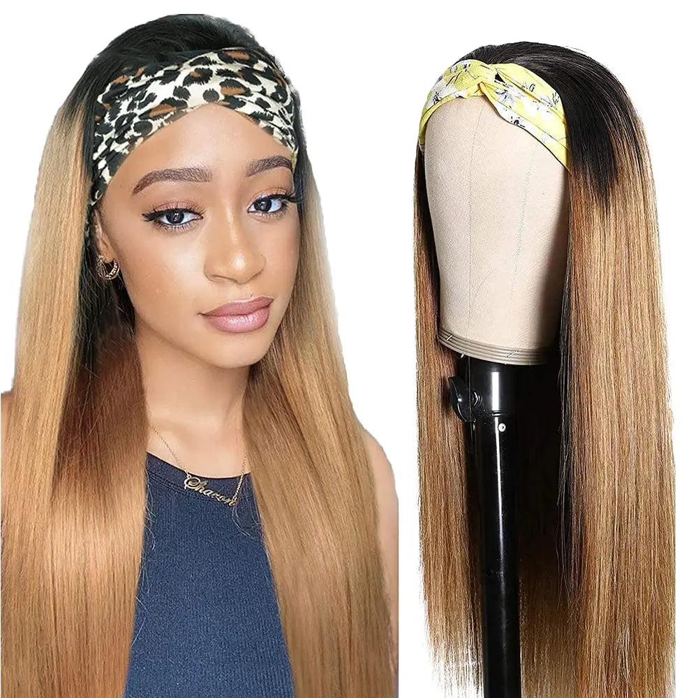 1B30 Ombre Headband Bone Straight Human Hair Wig None Lace Full Machine Made Wigs For Women 150% Density Long Layered Remy Hair