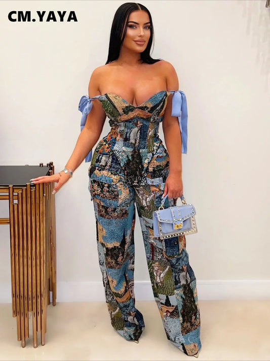 Oil Painting Printed Women's Set Lace Up Back Crop Top and Pants Suit 2025 Fall Winter