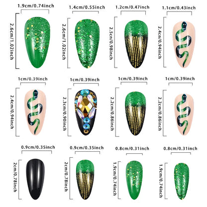 Long Stiletto Green Glitter Glue on Nails with Snake and Rhinestones