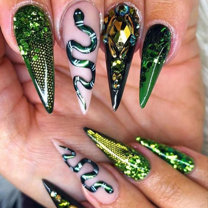 Long Stiletto Green Glitter Glue on Nails with Snake and Rhinestones