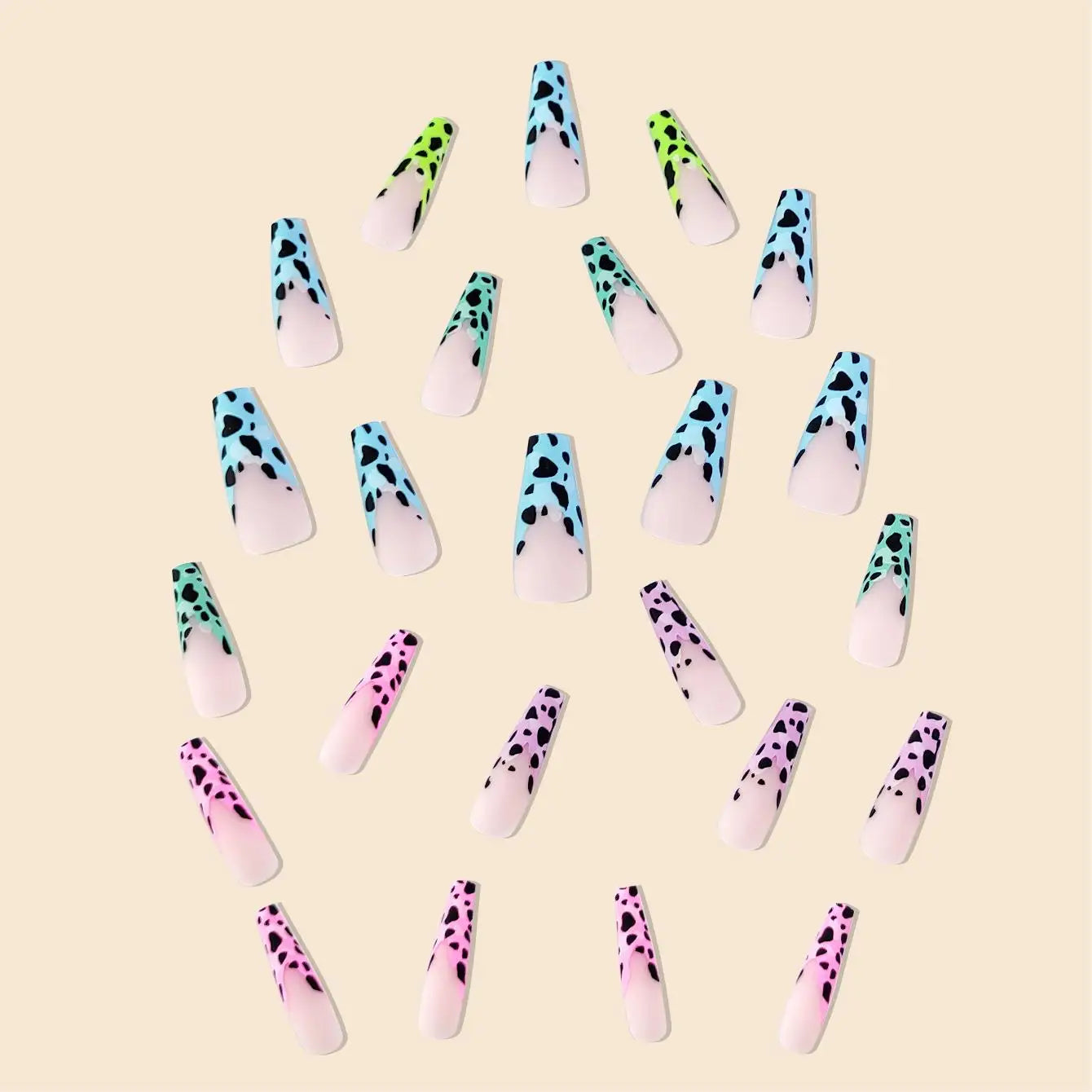 Fashion Trendy Women Girls 24Pcs/Set Long Ballet French Colored Leopard Print Full Coverage Wearable Fake Nail Press on Nail Art