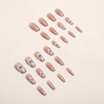 Vintage Camellia Wearable Pink Press on Fake Nails Tips with Glue False Nails Design Butterfly Lovely Girl False Nails