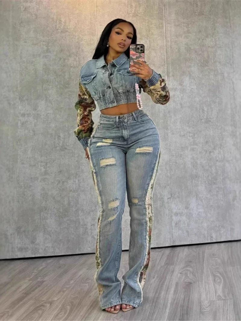 Denim Women's Set Floral Patchwork Full Sleeve Button Fly Jacket and Ripped Jeans Pants Suit 2025