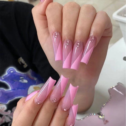 24Ps Super Long Ballet Wearable Fake Nails Blue Diamond Small Flower Press on Nail Stickers Finished Removable False Nail Pieces