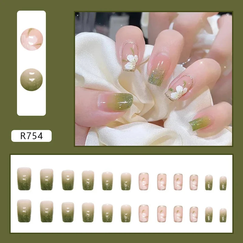 Vintage Camellia Wearable Pink Press on Fake Nails Tips with Glue False Nails Design Butterfly Lovely Girl False Nails