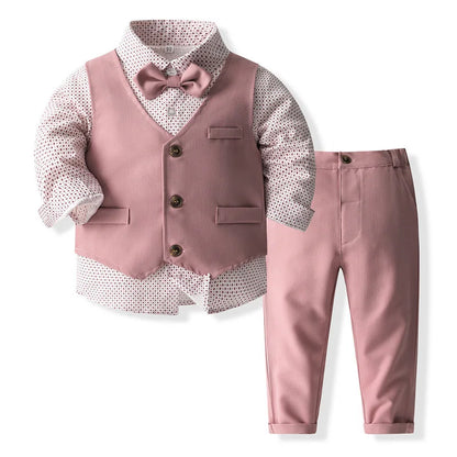 Baby Boy Formal Suit Gentleman Clothes Sets Autumn Children Birthday Wedding Party Dress Suit Sets Bowtie Shirt+Vest+Trouser Set