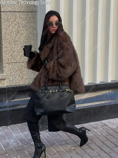 Women Fashion Faux Fur Solid Lapel Warm Jacket Chic Long Sleeve Cropped Street Coat 2024 New Winter Female Thick Brown Outerwear