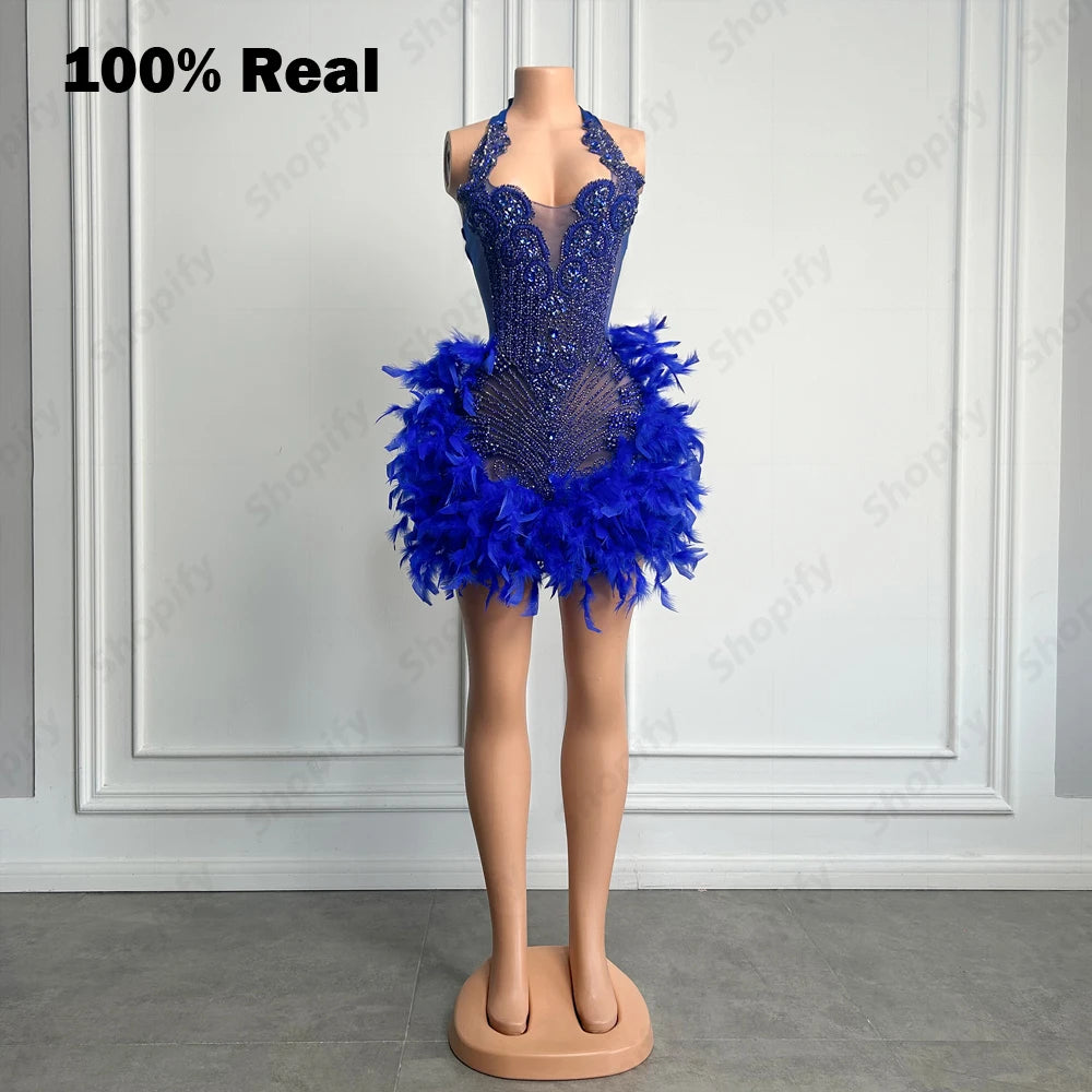 Luxury Rhinestone Black Girls Short Prom Dresses 2025 See Through Red Diamond Feathers Dress
