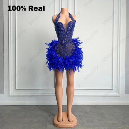 Luxury Rhinestone Black Girls Short Prom Dresses 2025 See Through Red Diamond Feathers Dress