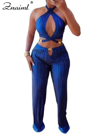 Znaiml Sexy Hollow Out Bandage Halter Sleeveless Backless Crop Tops and Wide Leg Pants Two 2 Piece Sets