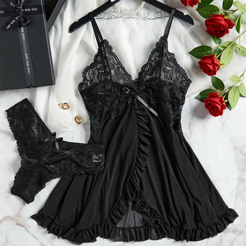 Sexy Home Clothes Womens Sleepwear Suspenders Nightgown Lace Ruffle Lingerie Night Dress Deep V Bra Thong Pajama Underwear Set