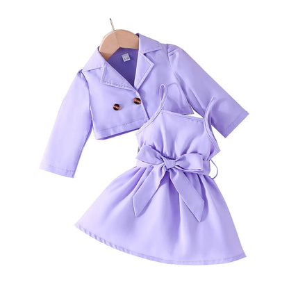 MiniFox 2 Pieces Suit Sets For Baby Girls Lapel Blazer Coat and Belted Wine Dress Kids Party Baby Clothes Girls Outfits Sets