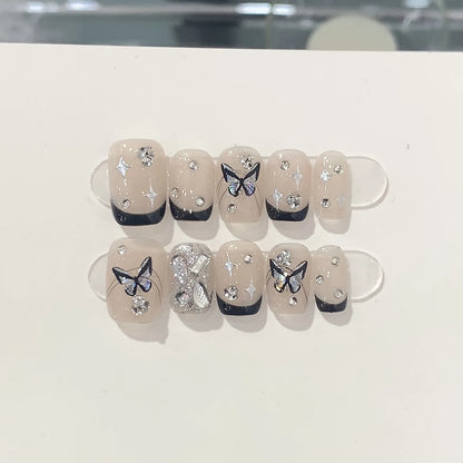 10Pc Handmade French Press on Nails Short Blush bow Diamonds Design False Nails Wearable Manicure Acrylic Full Over Nail Art Tip