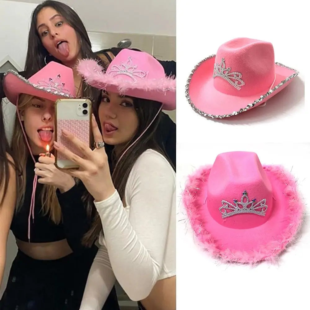 Pink Cowboy Hat Fluffy Feather Brim Cap With Crown Wild West Cowgirl Fancy Dress Costume Accessories Party Dress Up