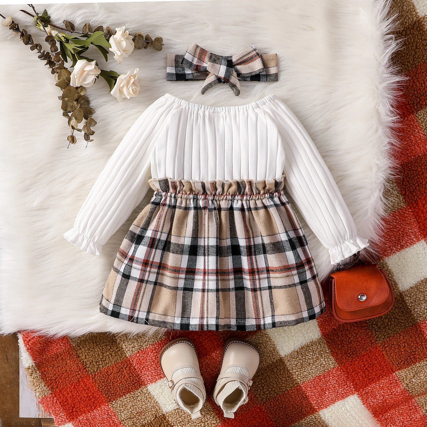 Baby Girls Summer Long Sleeve With Button Plaid For Preppy Style Party Dress