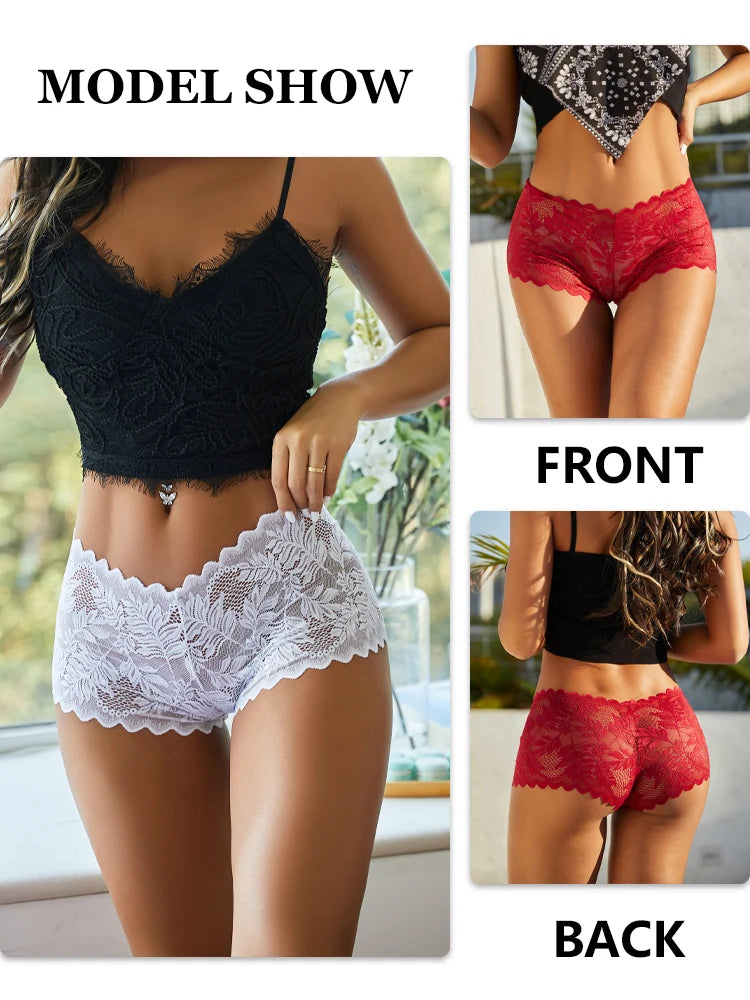 FINETOO 5Pcs Lace Boyshort Panties Women Low Waist Floral Underwear Girls Sexy Breathable Briefs Ladies Hollow Out Lingerie S-XL