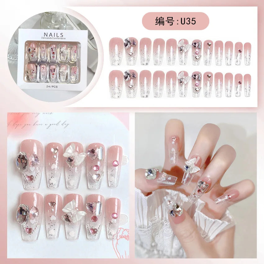 24pcs/box Luxury Pink Long Coffin Fake Nails Y2K Moon Star Rhinestones Press On Nails Handmade Full Cover Reusable False Nails