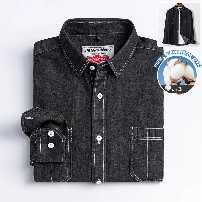 New in shirt Fahion jean shirts for men longsleeve 100%Cotton Casual shirt cowboy single pocket top social korean trends clothes