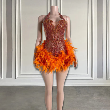 Luxury Rhinestone Black Girls Short Prom Dresses 2025 See Through Red Diamond Feathers Dress