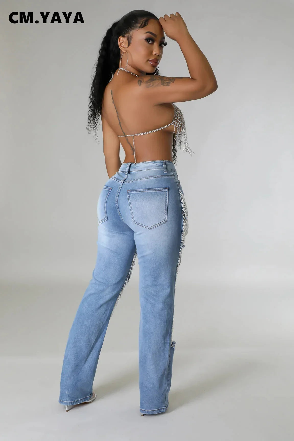 Women Fashion Pearl Beading Ripped Hollow Out Tassel Wide Leg Jeans 2025 New Summer