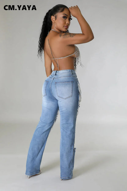 Women Fashion Pearl Beading Ripped Hollow Out Tassel Wide Leg Jeans 2025 New Summer