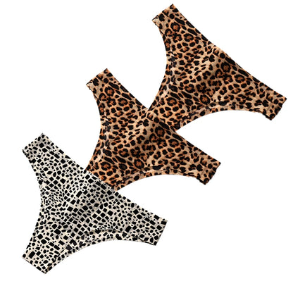 Giczi 3PCS/Set Women's Panties Fashion Leopard Bikini Sexy Thongs Seamless Underwear Silk Satin Lingerie Sport Fitness G-Strings