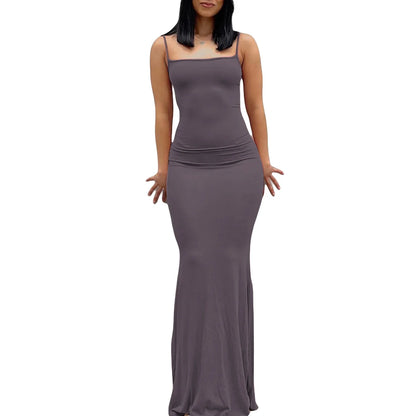 Sexy Bodycon Long Dress Solid Color Spaghetti Strap