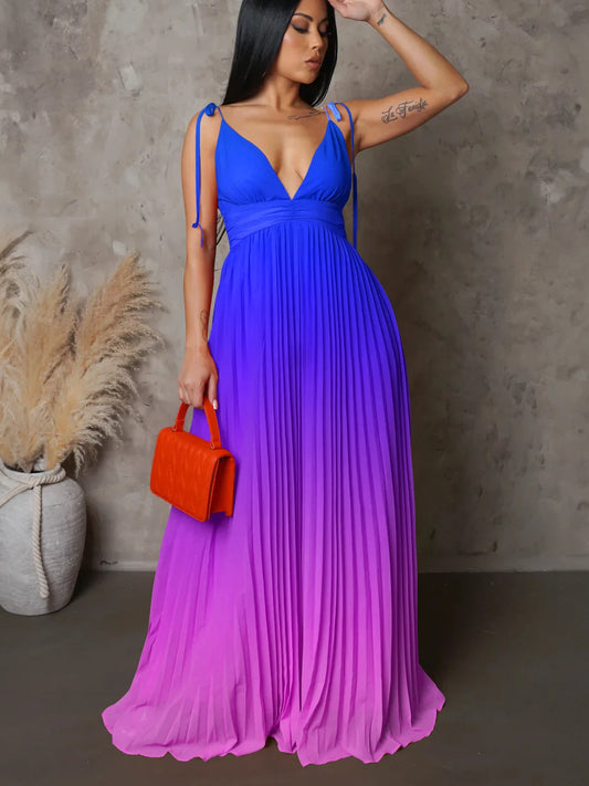 CM.YAYA Women Gradient Color Tie Up Stap Sleeveless Pleated Backless V-neck Maxi Dress 2024 Fashion Street Vestidos Sexy Dresses