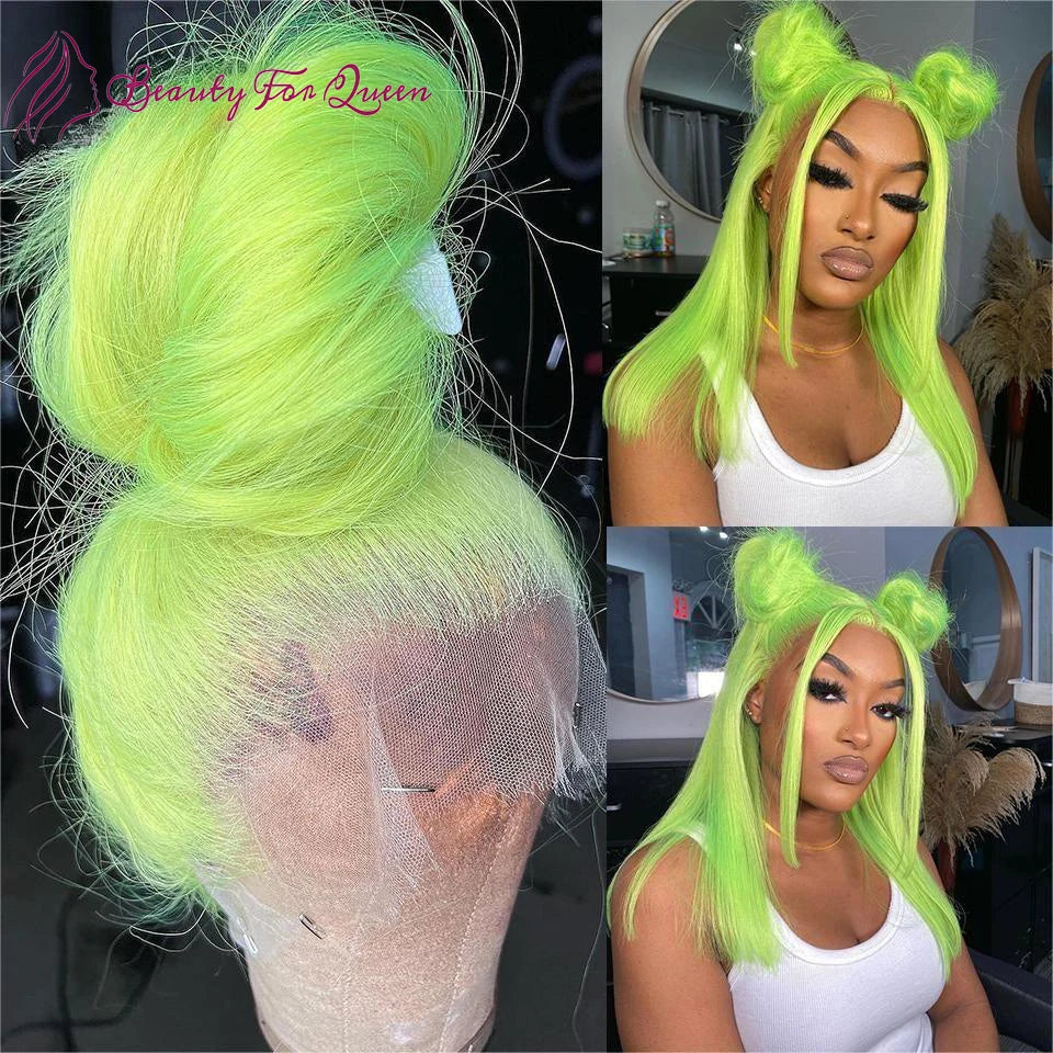 13x4 HD Lace Front Wig Human Hair Fluorescent Green  Short Bob