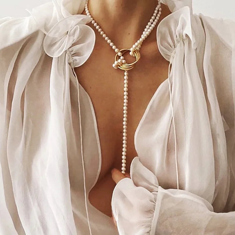 Vintage Pearl Pendant Necklace for Women Elegant Beaded Long Tassel Sweater Collar Chain Accessories Temperament Fashion Jewelry