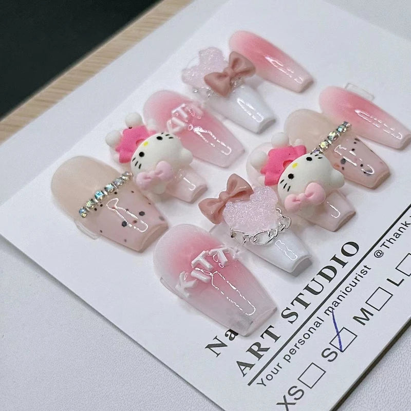 10Pcs Handmade Press on Nails Pink Hellokitty Charm Love Bow Decorated Fake Nail Patch Finished Fingernails Tips Manicure Art